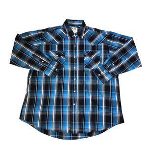 ELY CATTLEMAN PEARL SNAP SHIRT SIZE XL ROCKABILLY BOHO COWBOY BLUE PLAID MENS